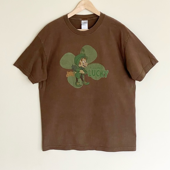 Vintage Y2K Lucky Charms Cereal Feeling Lucky Graphic Brown T Shirt Adult Large - Picture 2 of 7